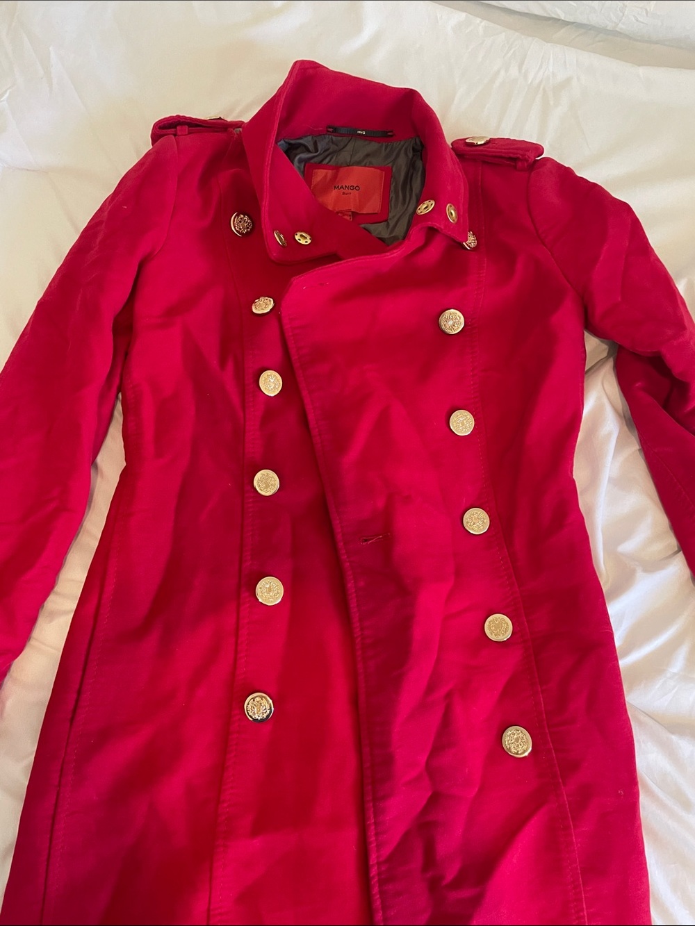 Mango Bright Red Double-Breasted Trench Coat with Gold Buttons